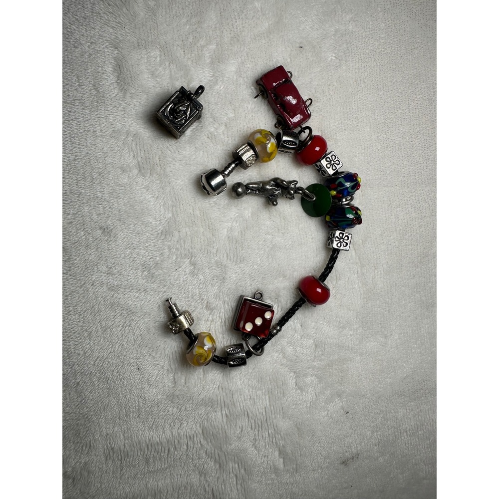 Vintage Charm Bracelet pandora, Braided Cord TrollBeads Car Dice Bear Charms